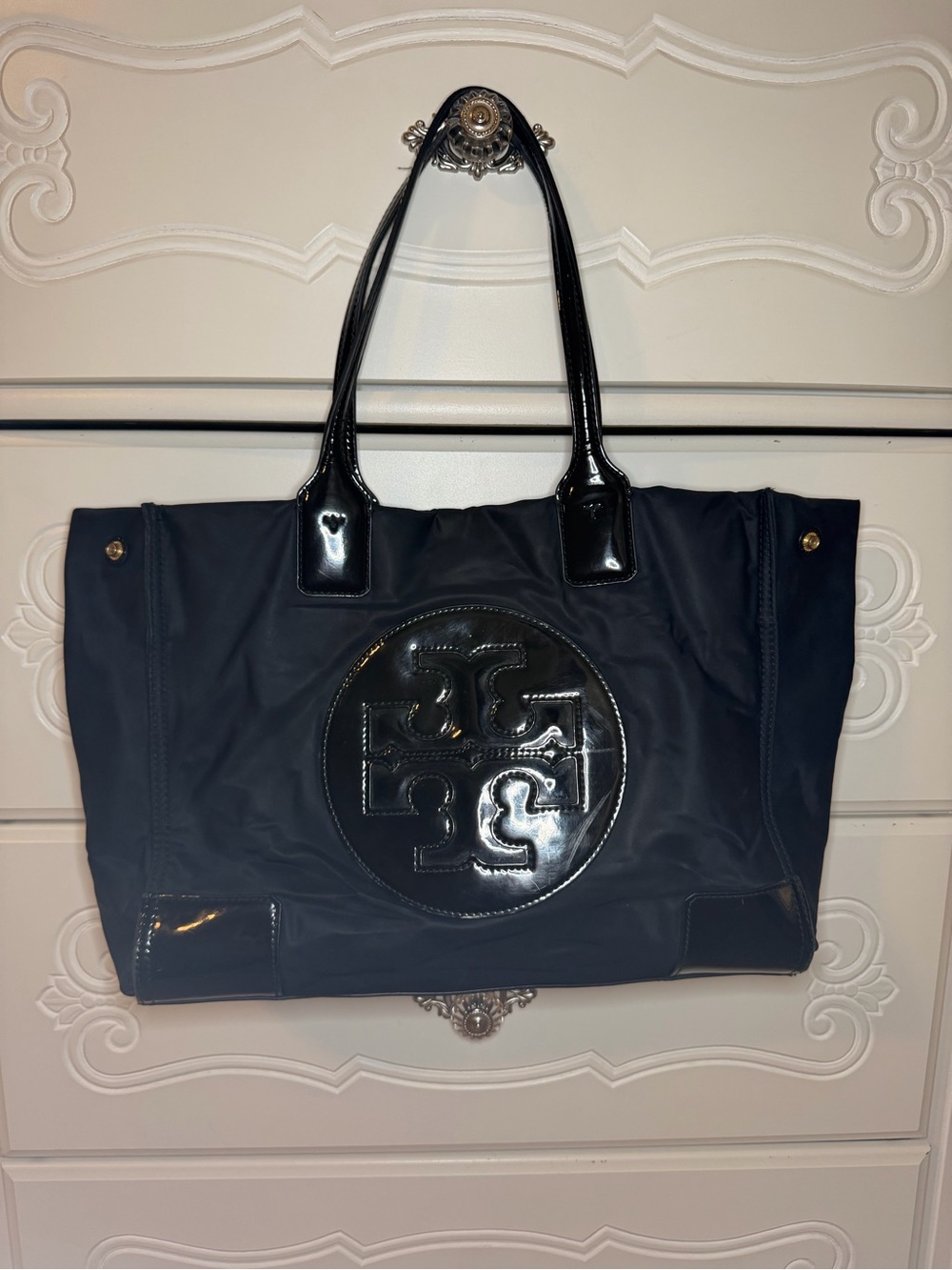 Tory Burch Black Nylon Tote with Patent Logo